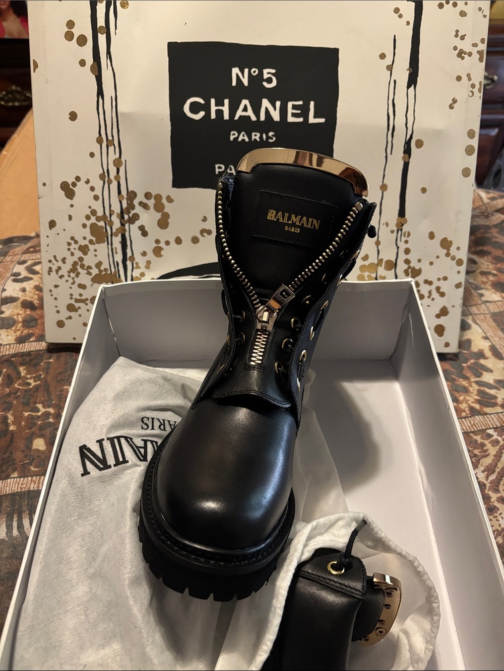 Balmain Black Leather Combat Boot with Gold Hardware